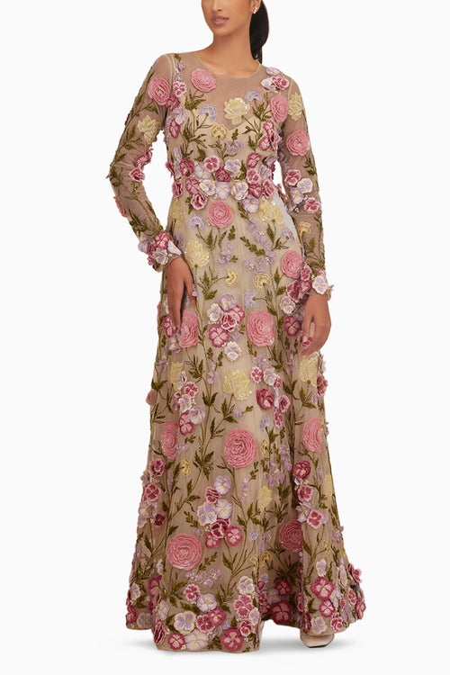 Full Sleeves 3D Floral Embellished Ott Gown