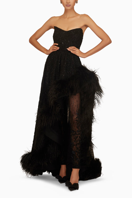 Beaded Feather Slit Gown with Belt