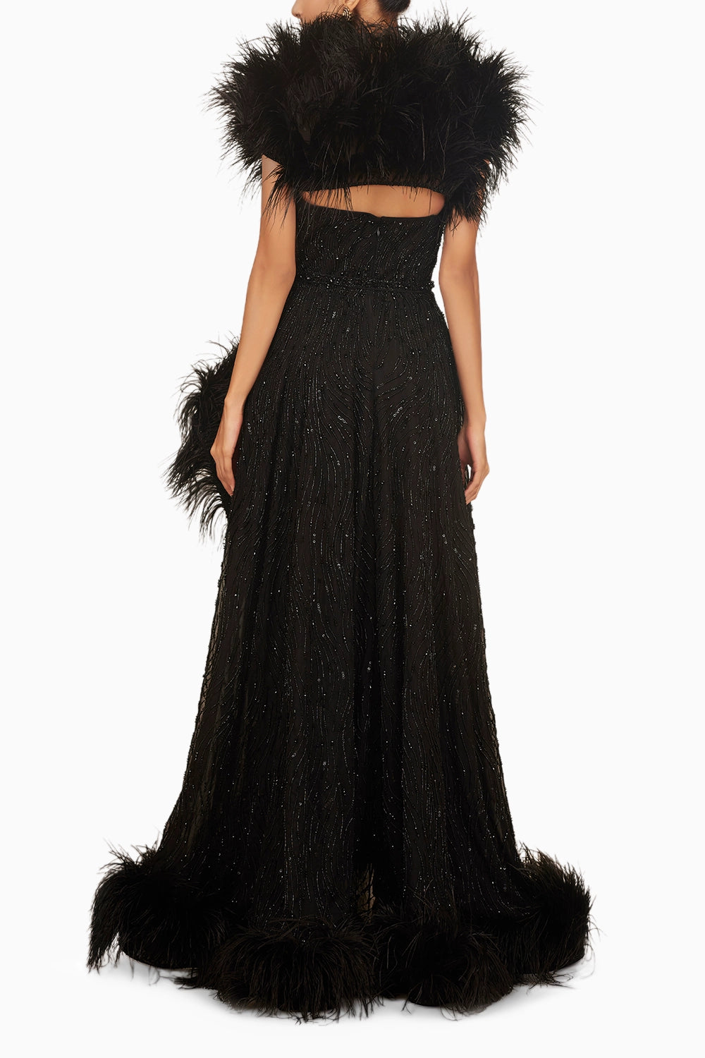 Beaded Feather Slit Gown with Belt