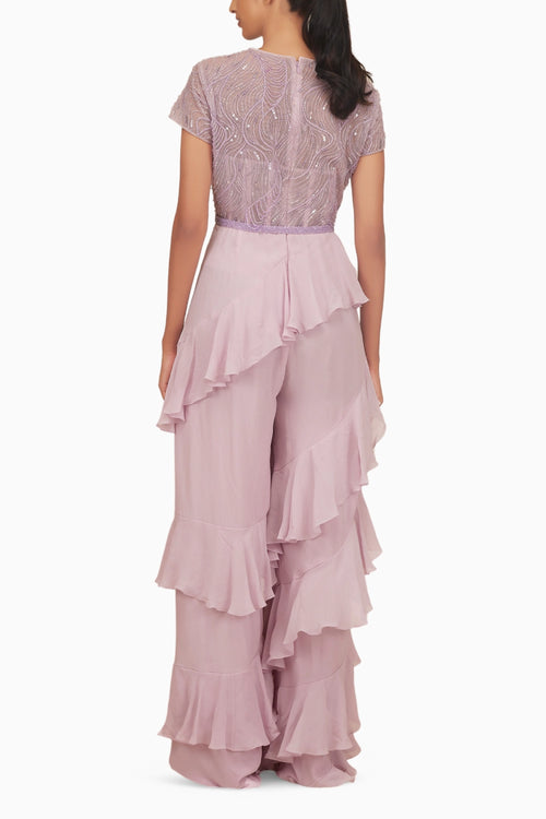 Beaded Ruffle Jumpsuit with Sleeves & Belt