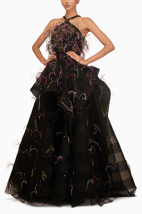 Multi Feather Gown with Belt