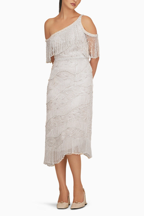 One Shoulder Fringe Midi Dress with Belt