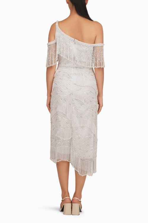 One Shoulder Fringe Midi Dress with Belt