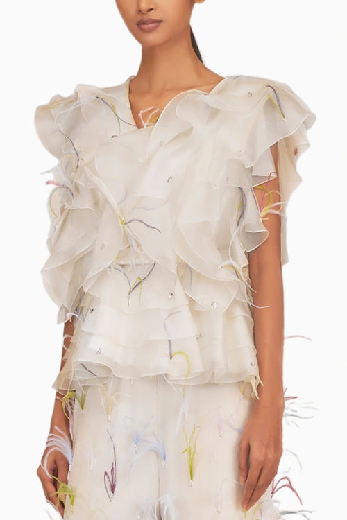 Feather Ruffle Top With  Belt