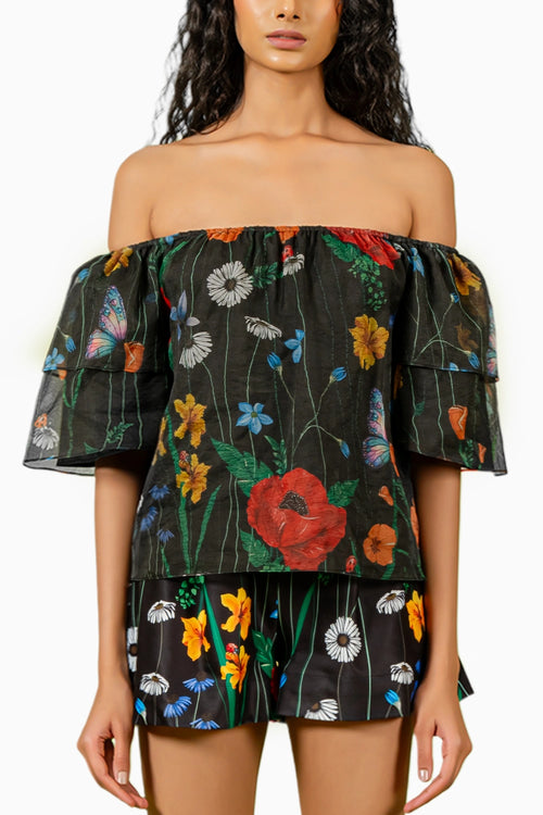 Black Floral Off Shoulder Co-ord Set