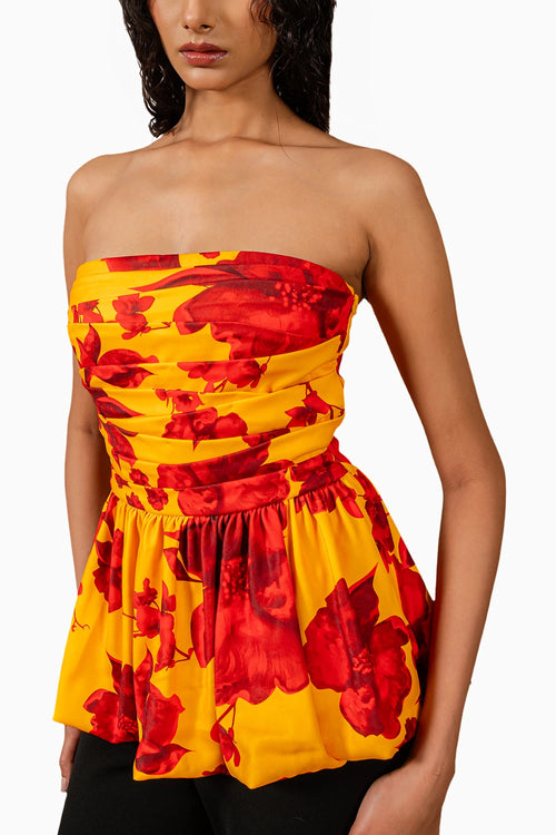 Yellow Red Floral Print Draped Top