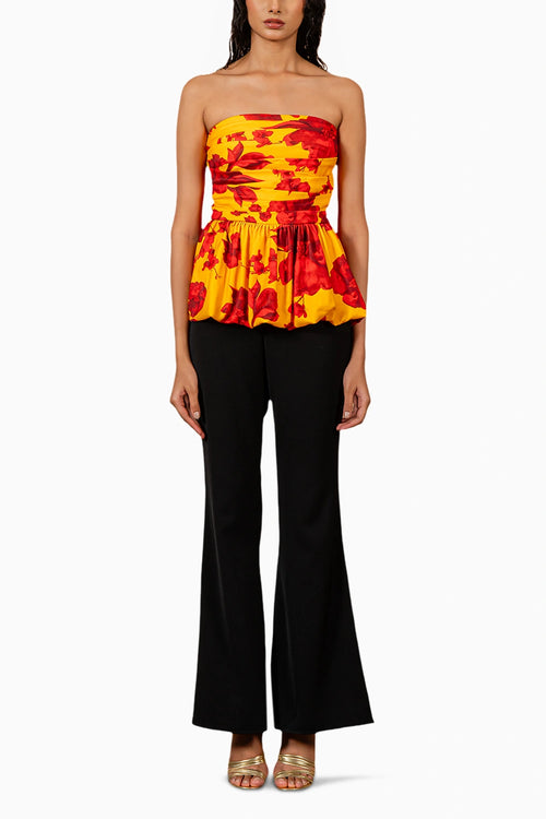 Yellow Red Floral Print Draped Top