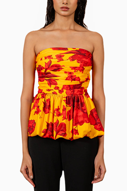 Yellow Red Floral Print Draped Top