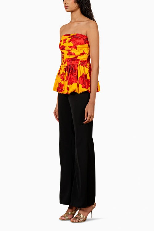 Yellow Red Floral Print Draped Top