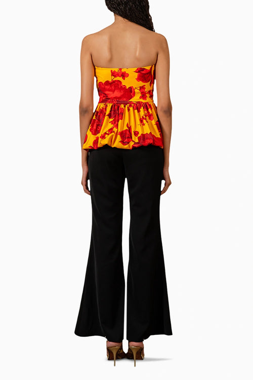 Yellow Red Floral Print Draped Top