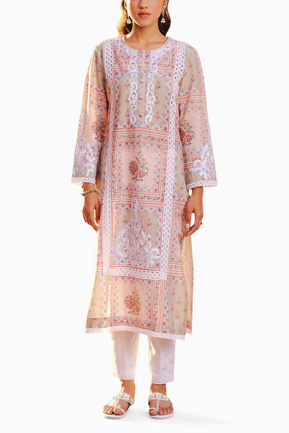 Pink and Sage Roshanara Kurta and Pants with Dupatta