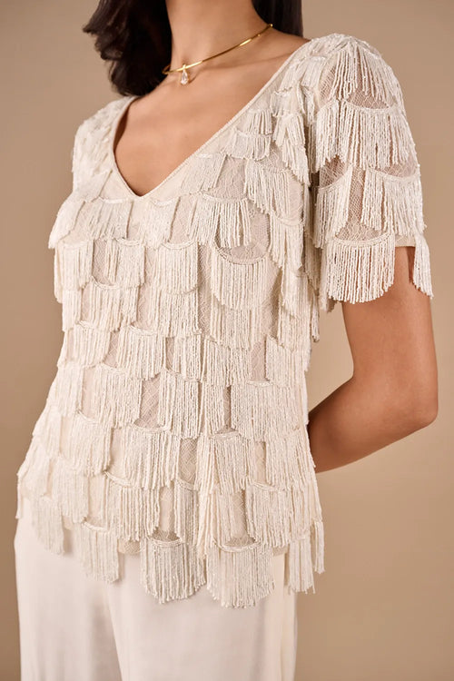 Scallop Fringe Top With Lace Ruffle Godet Pants