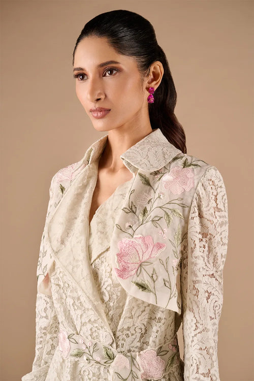 Floral Lace Trench Dress With Belt