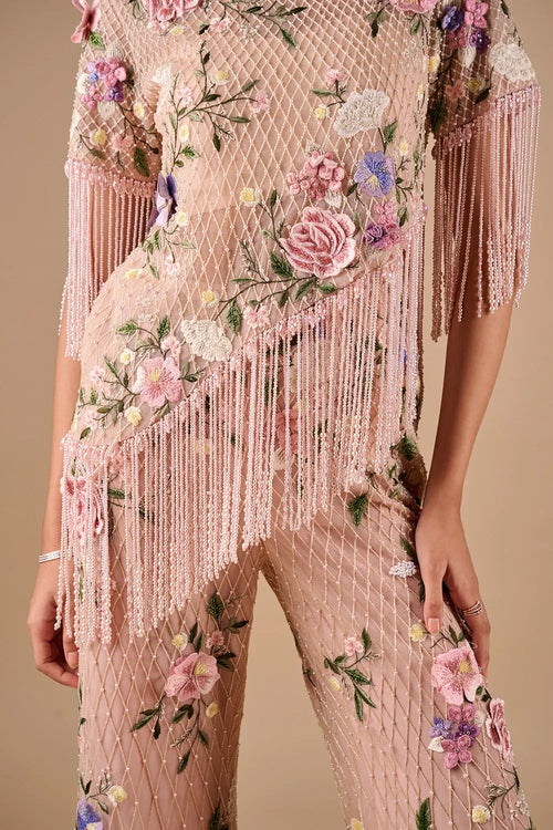 Floral Grid Fringe Top With Flare Pants