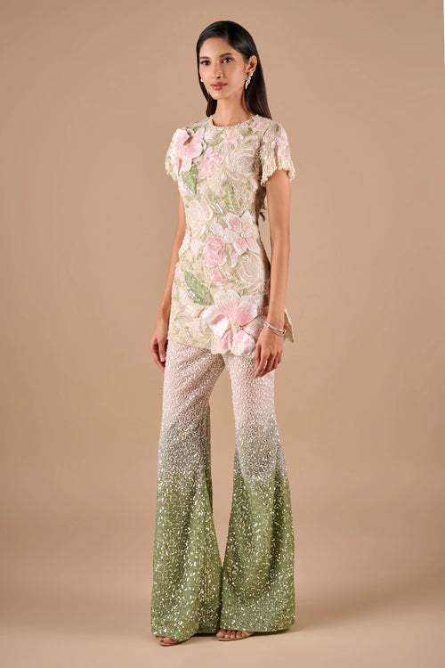 Beaded Floral Tunic With Ombre Sequin Pants Set