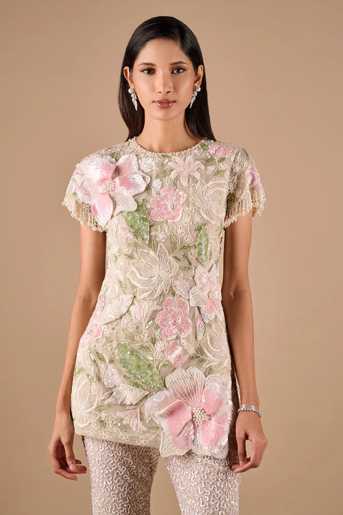 Beaded Floral Tunic With Ombre Sequin Pants Set