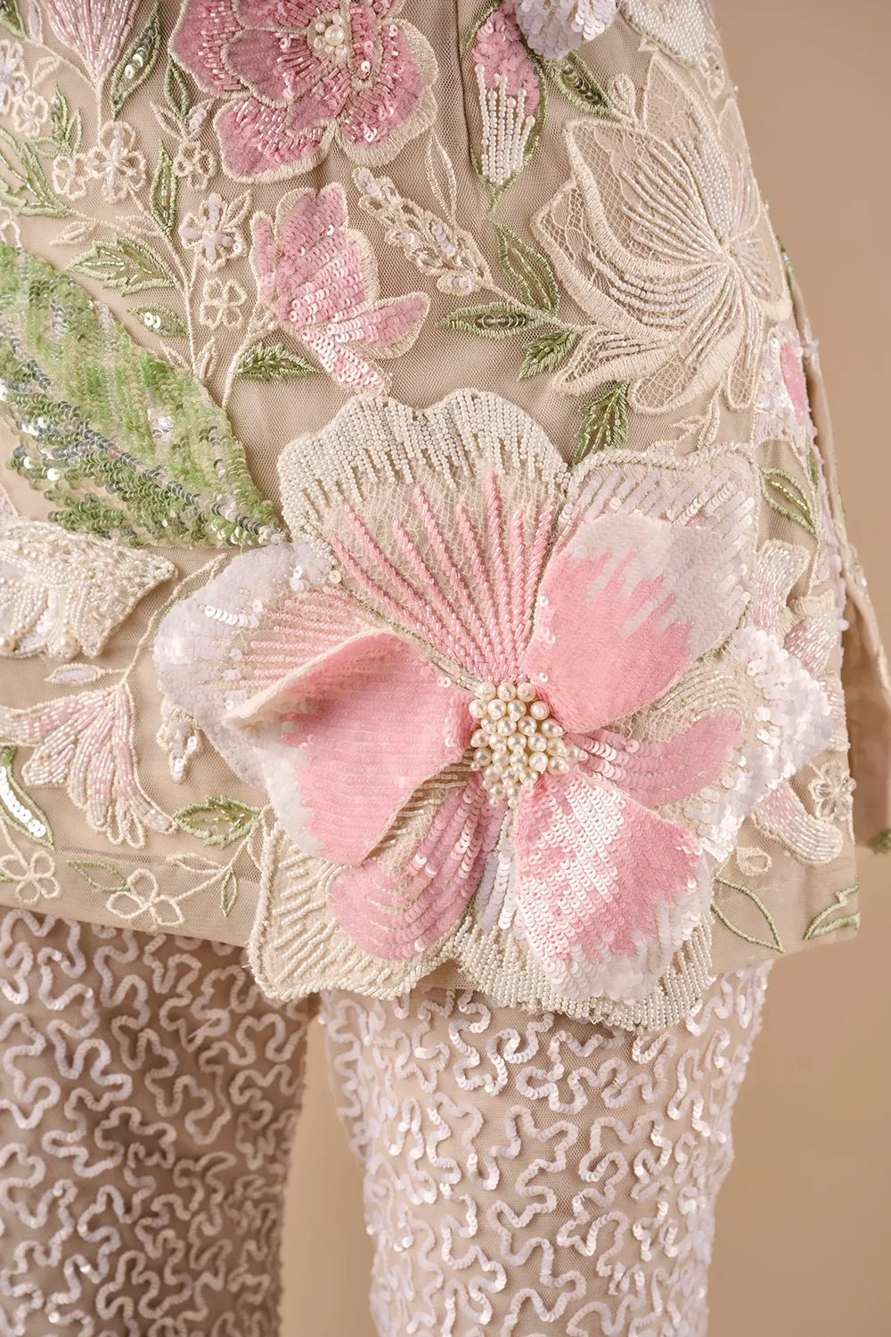 Beaded Floral Tunic With Ombre Sequin Pants Set