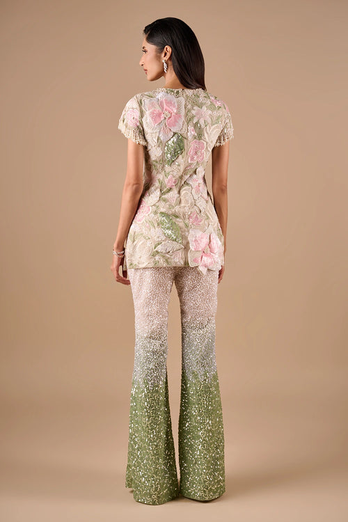 Beaded Floral Tunic With Ombre Sequin Pants Set