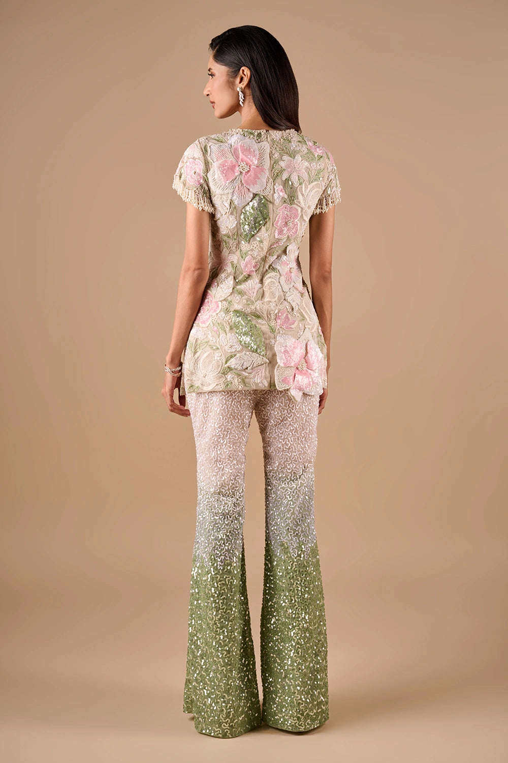 Beaded Floral Tunic With Ombre Sequin Pants Set