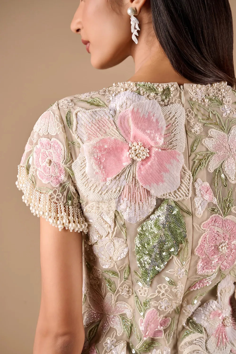 Beaded Floral Tunic With Ombre Sequin Pants Set