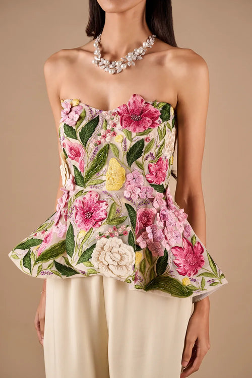 Multi Floral Peplum Top With Textured Flare Pants