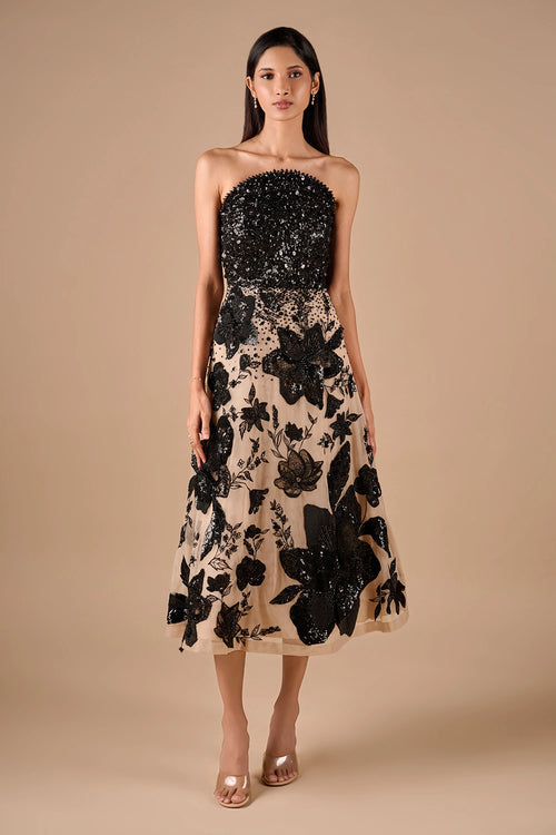 3D Floral Beaded Midi Dress