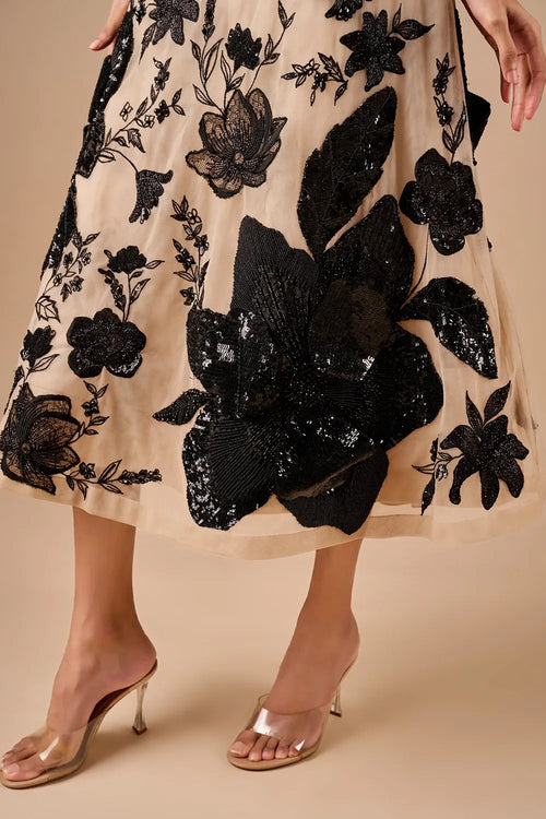 3D Floral Beaded Midi Dress