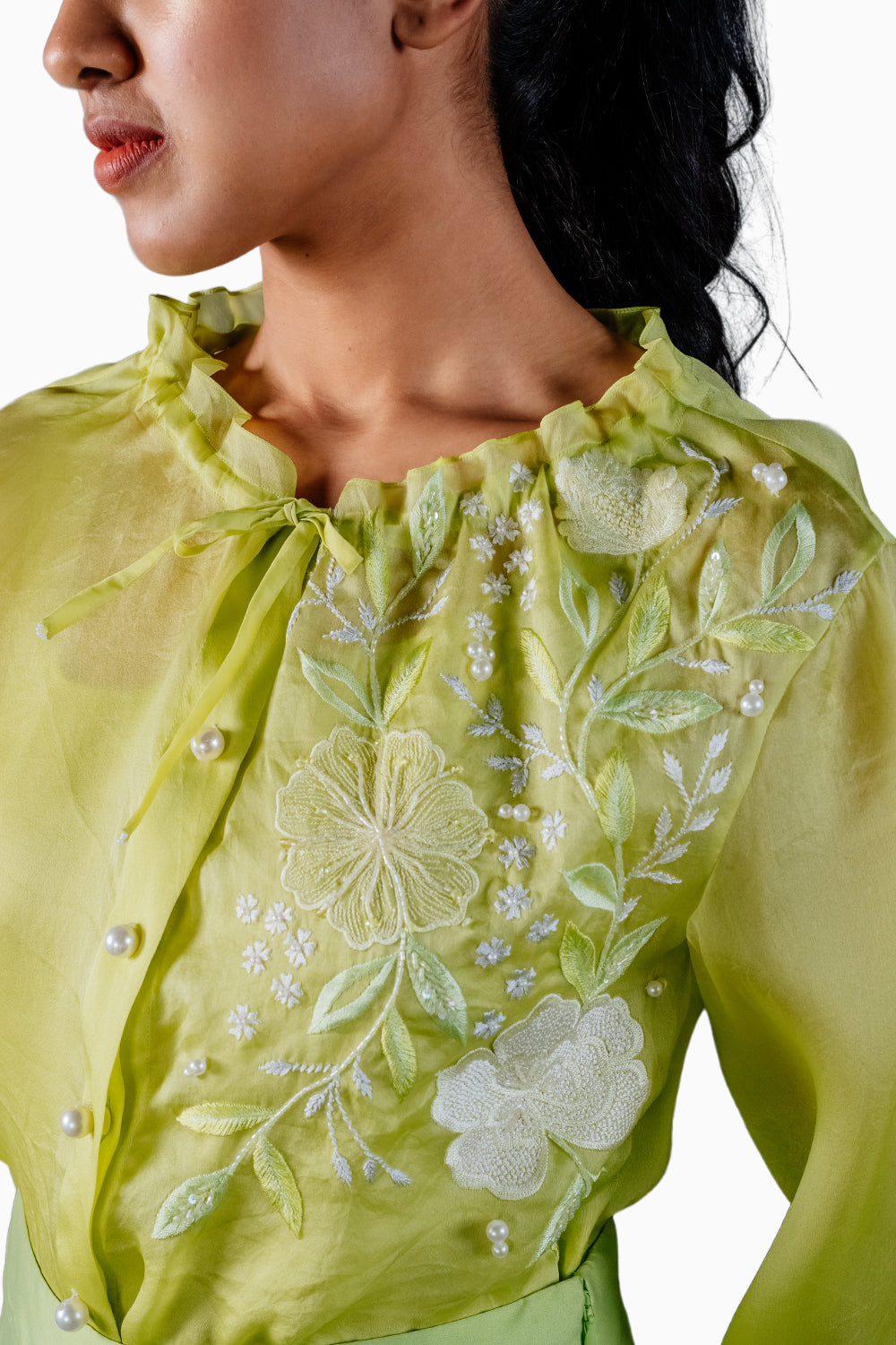 Lime Green Organza Floral Shirt With Slip