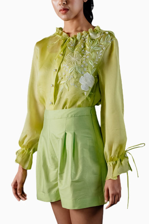 Lime Green Organza Floral Shirt With Slip