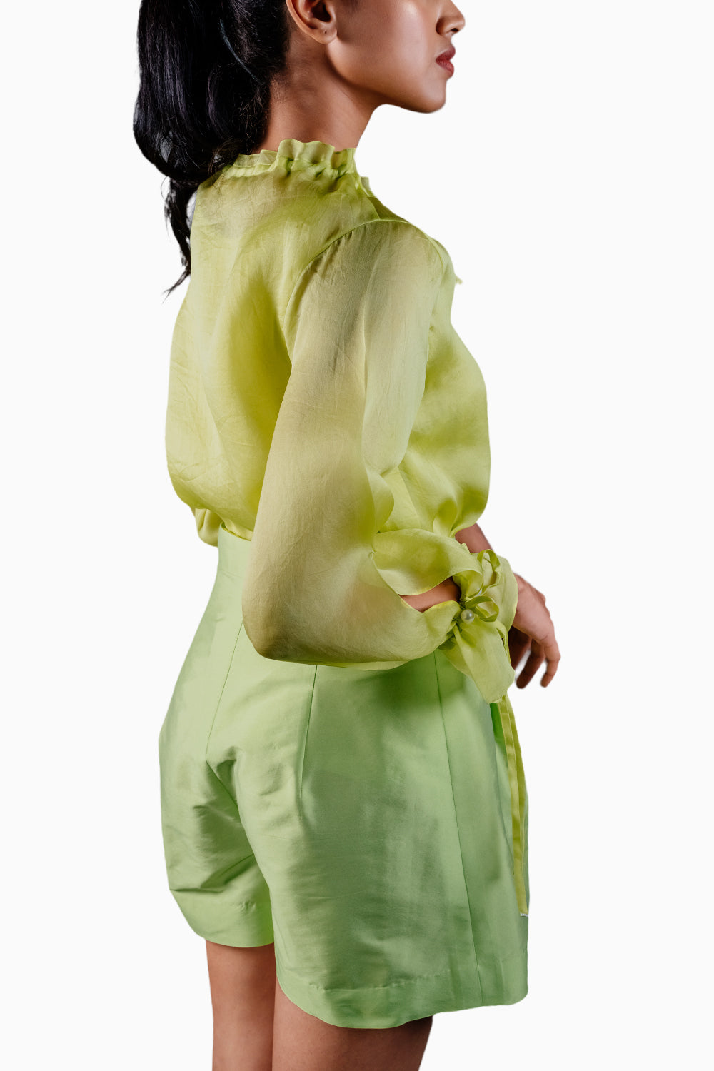 Lime Green Organza Floral Shirt With Slip