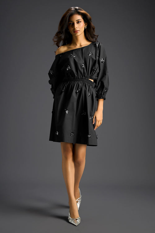 Black Off-Shoulder Cotton Dress