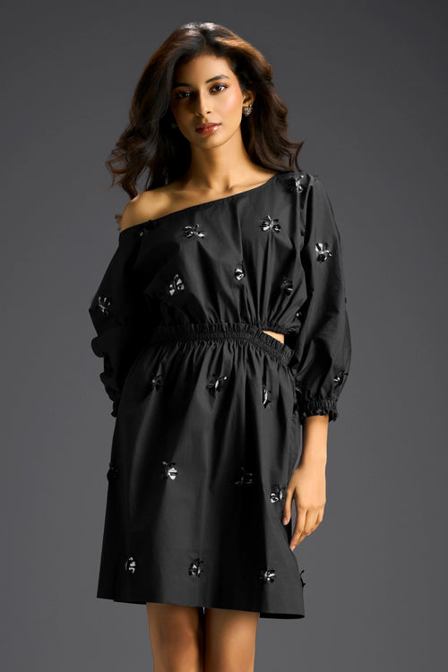 Black Off-Shoulder Cotton Dress