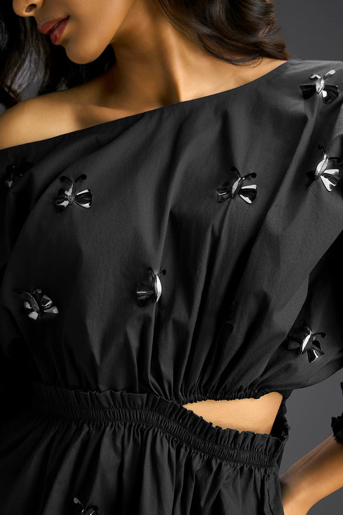 Black Off-Shoulder Cotton Dress