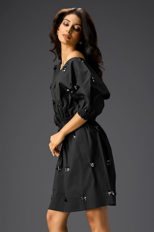 Black Off-Shoulder Cotton Dress