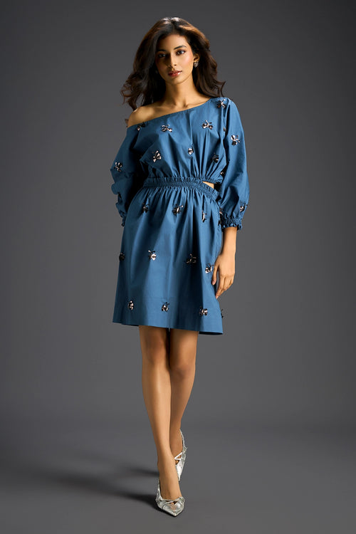 Blue Off-Shoulder Cotton Dress