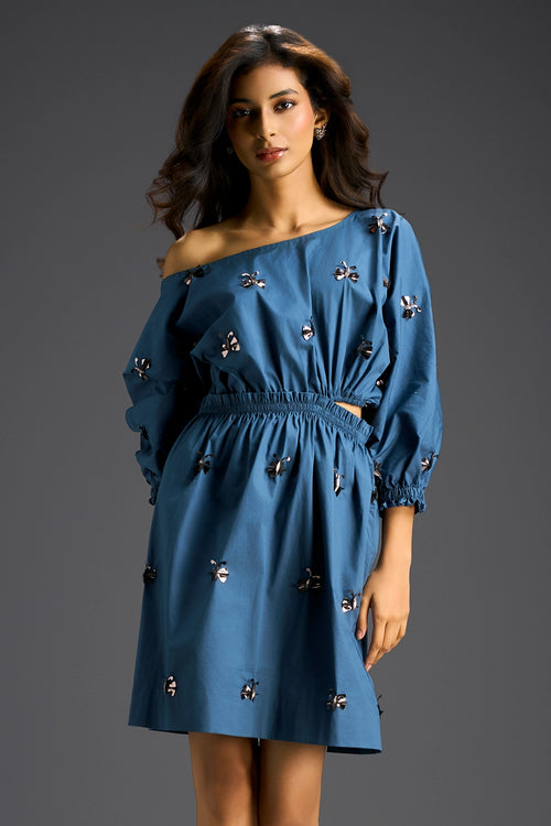 Blue Off-Shoulder Cotton Dress