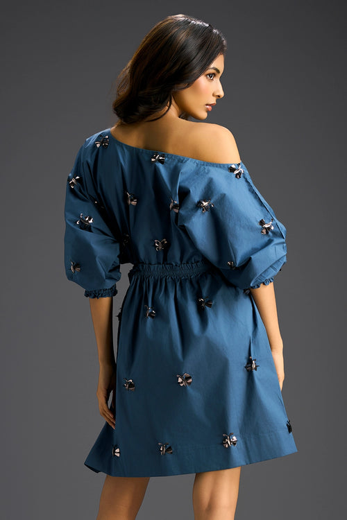 Blue Off-Shoulder Cotton Dress