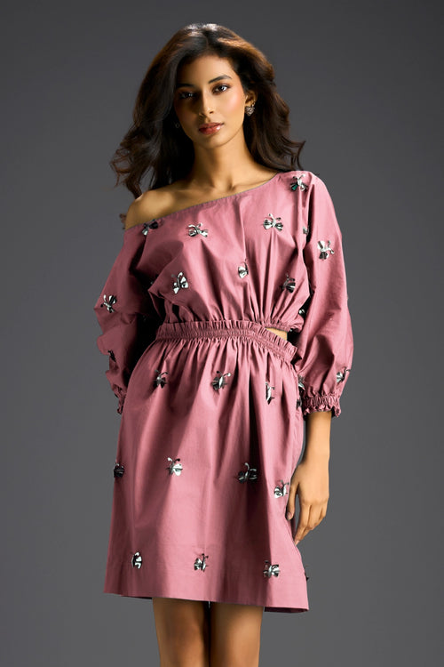 Pink Off-Shoulder Cotton Dress