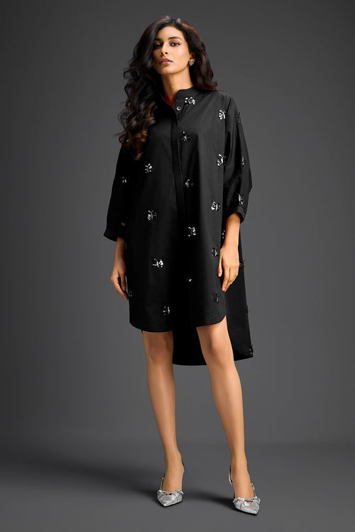 Black Oversized Cotton Shirt Dress