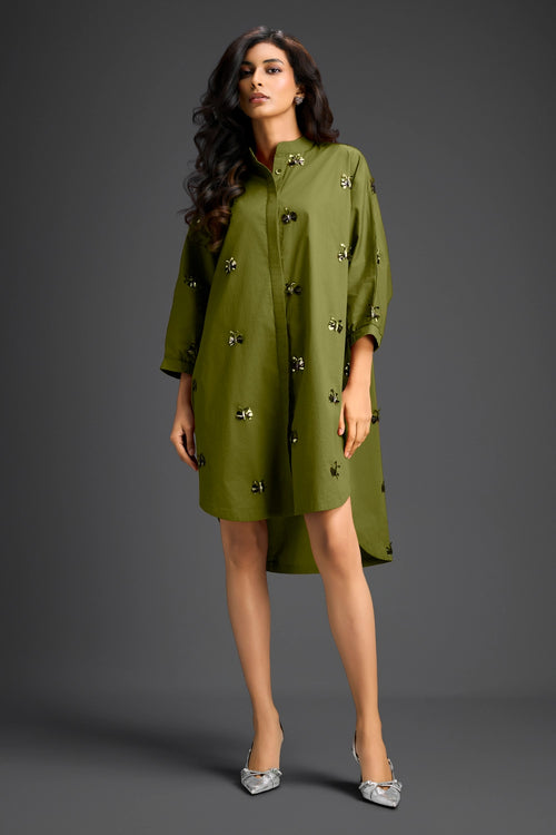 Green Oversized Cotton Shirt Dress