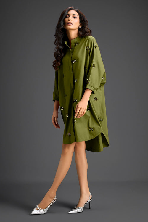 Green Oversized Cotton Shirt Dress