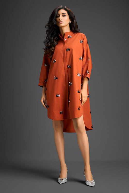 Rust Oversized Cotton Shirt Dress
