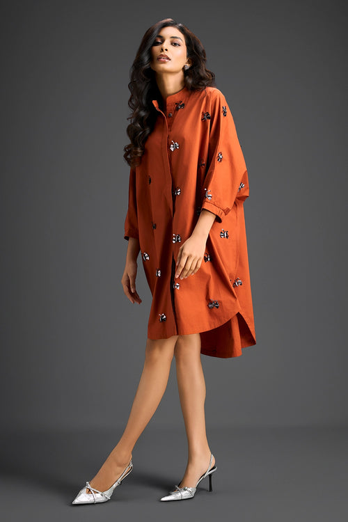 Rust Oversized Cotton Shirt Dress