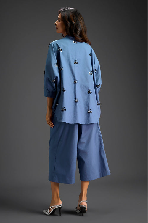 Blue Cotton Hand Embellished Co-ord Set