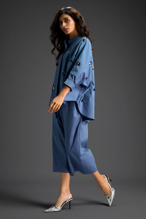 Blue Cotton Hand Embellished Co-ord Set