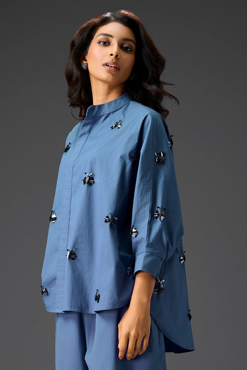 Blue Cotton Hand Embellished Co-ord Set
