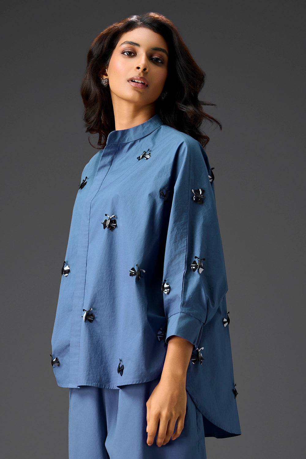 Blue Cotton Hand Embellished Co-ord Set