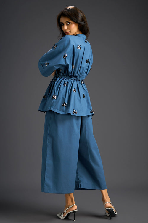 Blue Hand Embroidered Cotton Co-ord Set