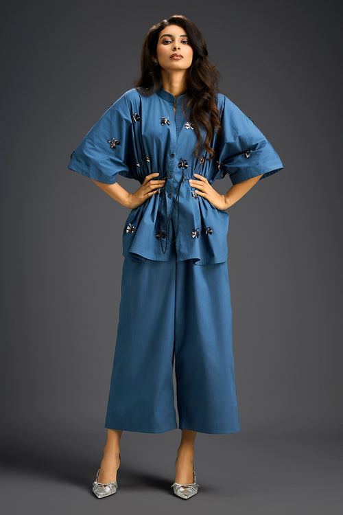 Blue Hand Embroidered Cotton Co-ord Set