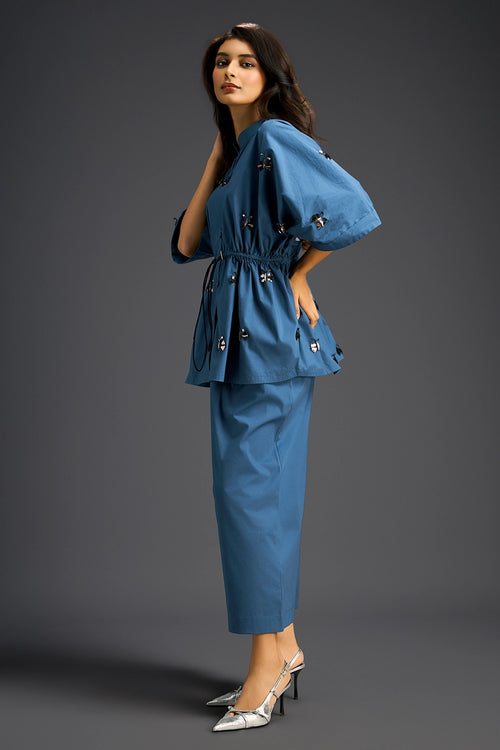 Blue Hand Embroidered Cotton Co-ord Set